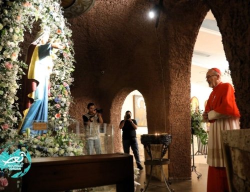 Cardinal Pizzaballa prays in the cave where Jesus stopped with his mother