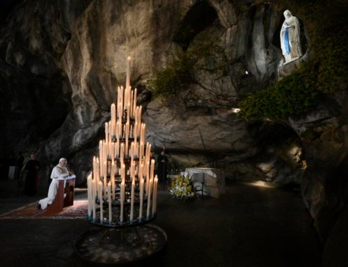 Pope Leo prays for the sick and suffering in the Lourdes grotto in France
